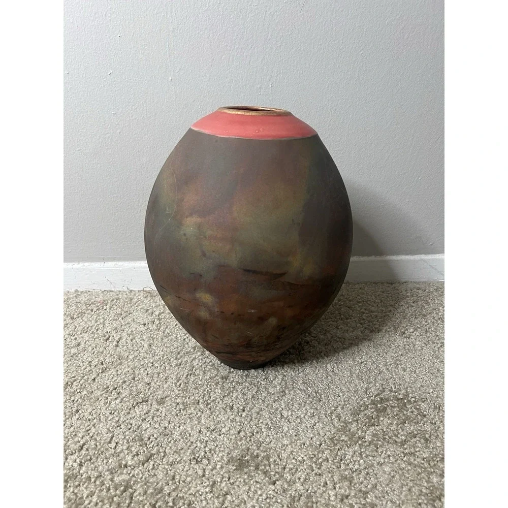 VTG. Raku Pottery Vase Signed Iridescent Earth Tone Finish 1998